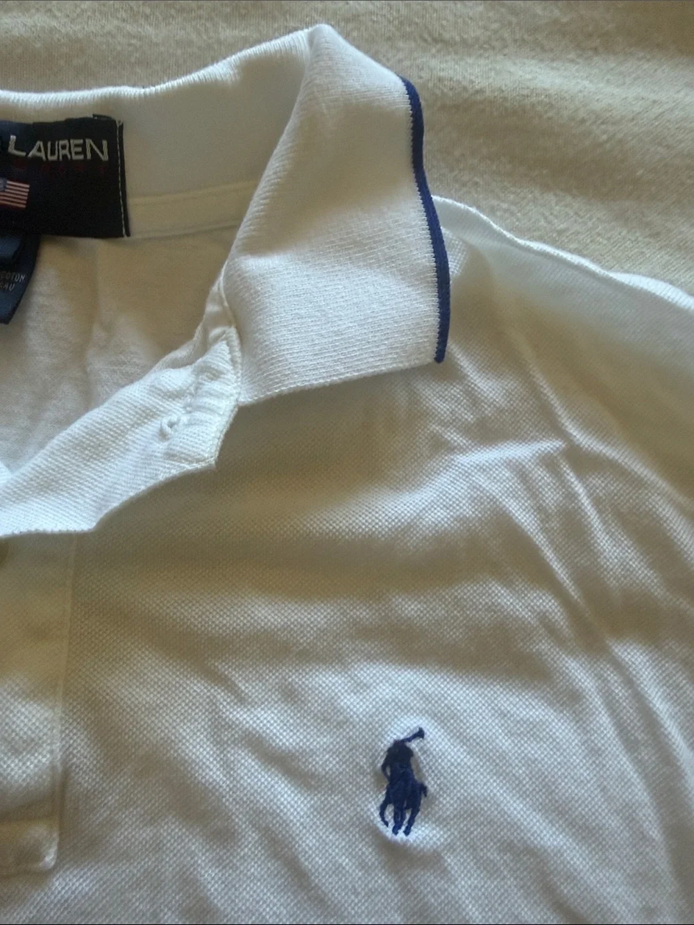 Ralph Lauren White Polo with Navy Logo and Collar Trim
